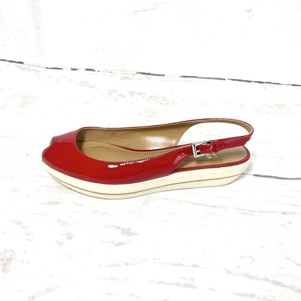 Stuart Weitzman Sandals Women 7M Red Slingback Patent Leather Platform Peep Toe